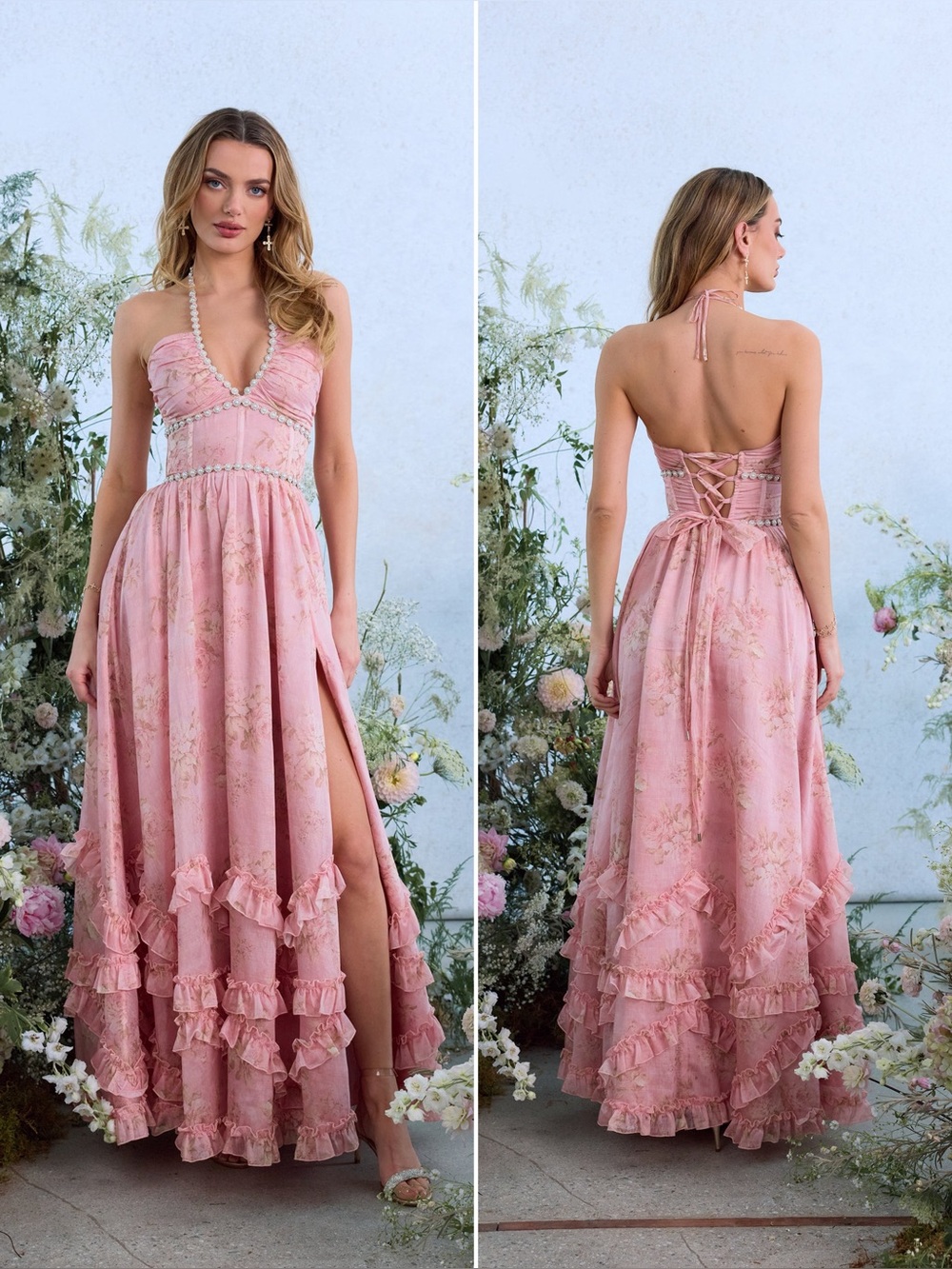 V. Chapman Scarlette Dress Light Pink Tapestry Rose Maxi Dress Size 6 NWT